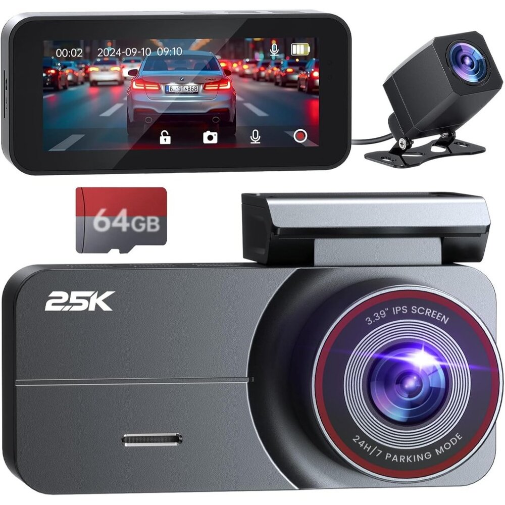 Dash Cam Front and Rear 2.5K + 1080P QHD Dual Dash Camera for Cars 3.39” IPS Das